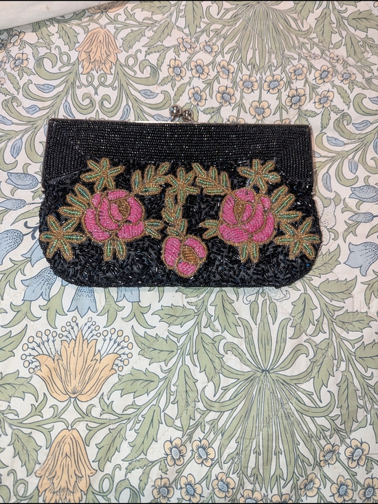 no brand Handbags - Black Beaded Clutch with Pink Floral Embroidery